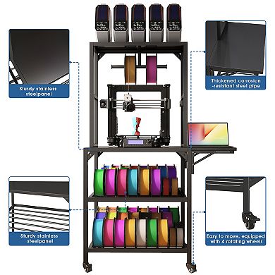 3D Printer Stand with Filament Storage, Metal T-Type Spool Holder with Wheels for Office