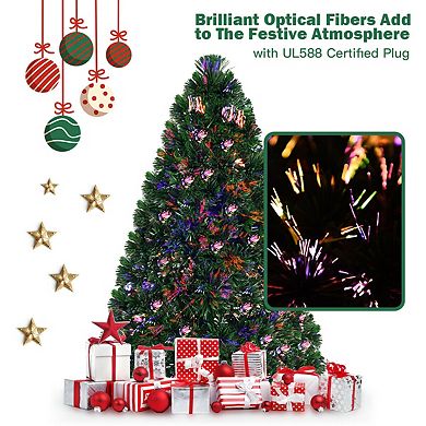 Gymax Pre-Lit Fiber Optic 5' Artificial Christmas Tree PVC Tips Metal Stand