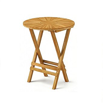Gymax Patio Folding Side Table Teak Wood Round End Table Fully Assembled