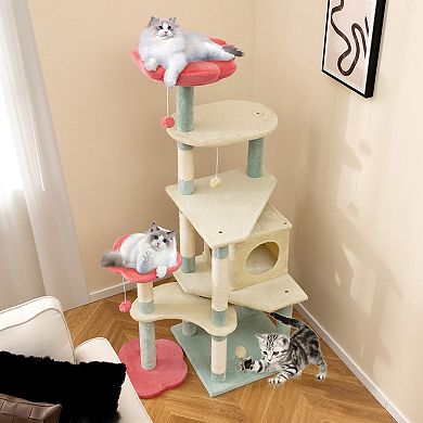 Gymax Flower Cat Tree w/Cosy Condo Sisal Scratching Posts Padded Flower-shaped Perch