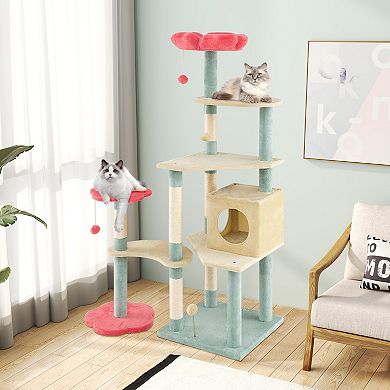 Gymax Flower Cat Tree w/Cosy Condo Sisal Scratching Posts Padded Flower-shaped Perch
