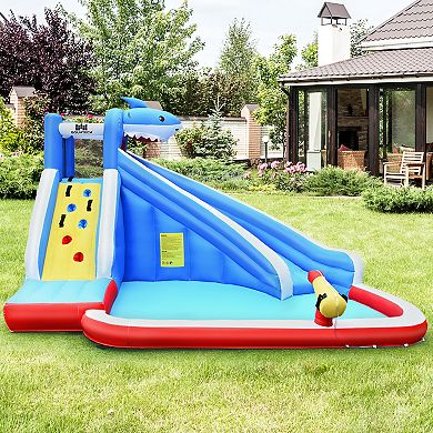 Gymax Inflatable Water Park Bounce House Slide Shark w/ Climbing Wall ...