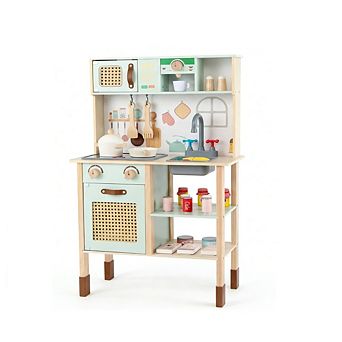 Gymax Kids Play Kitchen Wooden Pretend Kitchen Playset w/ Rattan Doors Wood Legs