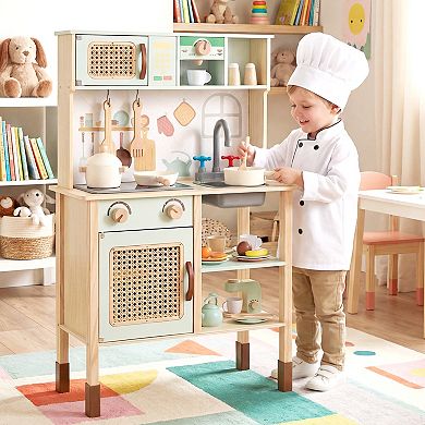 Gymax Kids Play Kitchen Wooden Pretend Kitchen Playset w/ Rattan Doors Wood Legs