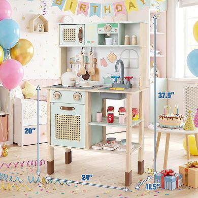Gymax Kids Play Kitchen Wooden Pretend Kitchen Playset w/ Rattan Doors Wood Legs