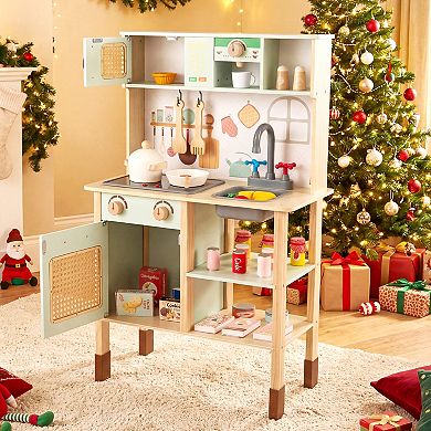 Gymax Kids Play Kitchen Wooden Pretend Kitchen Playset w/ Rattan Doors Wood Legs