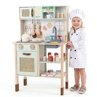 Gymax Kids Play Kitchen Wooden Pretend Kitchen Playset w/ Rattan Doors Wood Legs