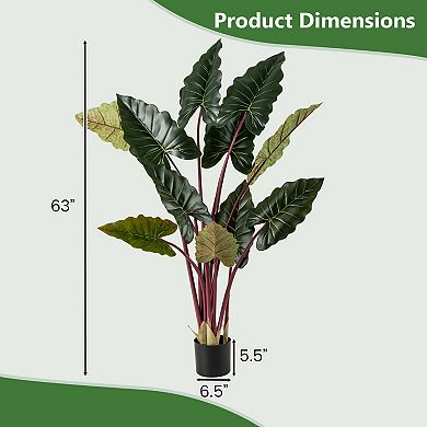 Gymax 2 Pack Artificial Rainbow Taro Tree 63'' Tall Fake Pre-potted Plant w/ 11 Faux Leaves