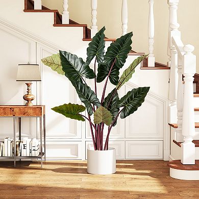 Gymax 2 Pack Artificial Rainbow Taro Tree 63'' Tall Fake Pre-potted Plant w/ 11 Faux Leaves