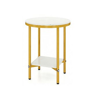 Gymax 16'' 2 tier Round Side Table w/Storage Shelf Gold Metal Frame for Living Room
