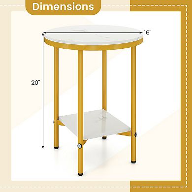 Gymax 16'' 2-Tier Round Side Table w/Storage Shelf Gold Metal Frame for Living Room