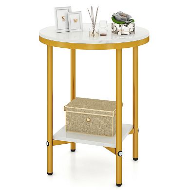 Gymax 16'' 2-Tier Round Side Table w/Storage Shelf Gold Metal Frame for Living Room