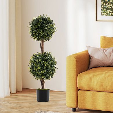 Gymax Set of 2 Artificial Double Topiary Ball Trees 3 FT Faux Boxwood Topiary Tree