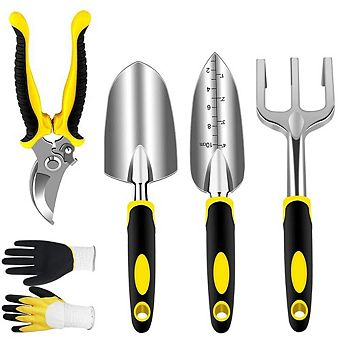 Garden Tools Set with Pruning Shears Hand Trowel Transplanter Hand Rake Gardening Gloves 5 pc