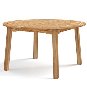 Gymax Round Patio Dining Table Acacia Wood Outdoor Dining Table w/ 2'' Umbrella Hole
