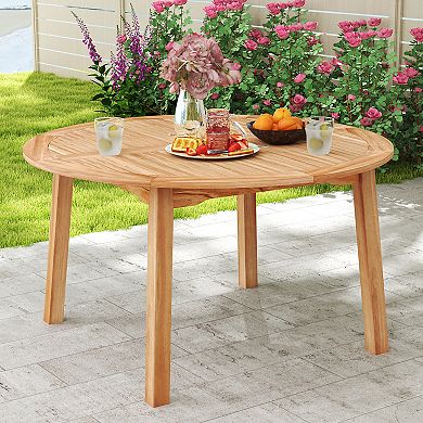 Gymax Round Patio Dining Table Acacia Wood Outdoor Dining Table w/ 2'' Umbrella Hole