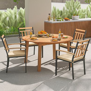 Gymax Round Patio Dining Table Acacia Wood Outdoor Dining Table w/ 2'' Umbrella Hole