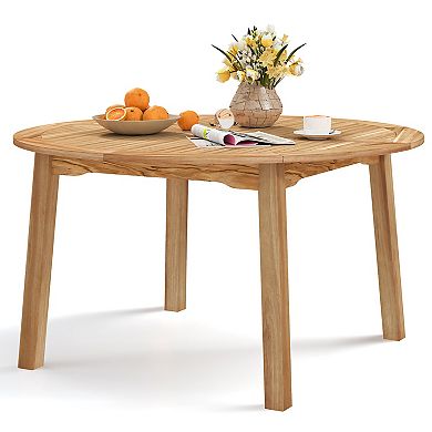 Gymax Round Patio Dining Table Acacia Wood Outdoor Dining Table w/ 2'' Umbrella Hole