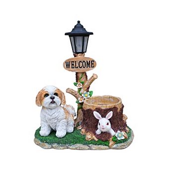 Sitting Dog Solar Lantern Planter Statue - Garden Decor with LED Light & Flower Pot for Patio Yard