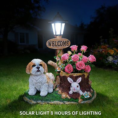 Sitting Dog Solar Lantern Planter Statue - Garden Decor with LED Light & Flower Pot for Patio Yard