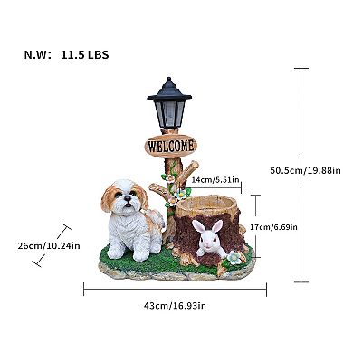Sitting Dog Solar Lantern Planter Statue - Garden Decor with LED Light & Flower Pot for Patio Yard
