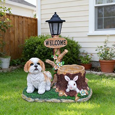 Sitting Dog Solar Lantern Planter Statue - Garden Decor with LED Light & Flower Pot for Patio Yard