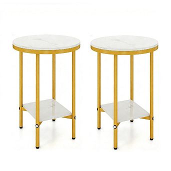 Gymax 2 tier Round Side Table Set of 2 Faux Marble End Table w/ Storage Shelf