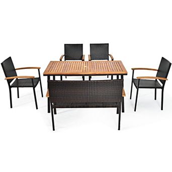 Gymax 6 pc Rattan Outdoor Dining Set Patio Furniture Set w/ Wooden Tabletop