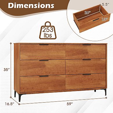 Gymax 6-Drawer Double Dresser w/ Interlock System Metal Support Legs Anti-tipping Kit