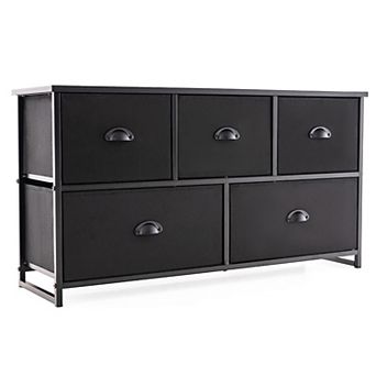 Gymax 5 Drawers Wooden Dresser Storage Organizer w/ Fabric Bins for Dorm Room & TV Stand