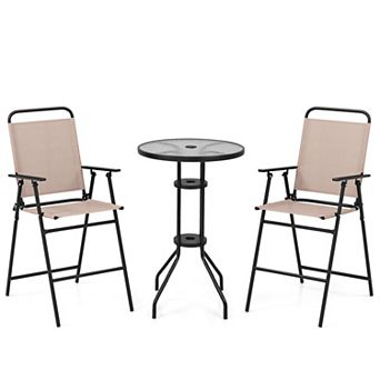 Gymax 3 pc Bistro Set Folding Chairs Round Bar Table w/ 1.6'' Umbrella Hole Yard Patio
