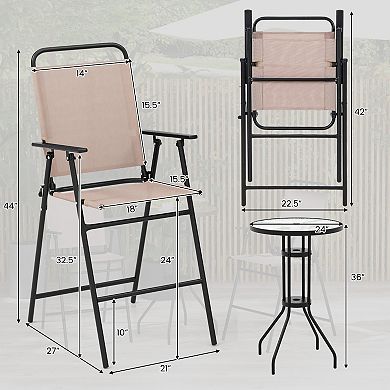 Gymax 3PCS Bistro Set Folding Chairs Round Bar Table w/ 1.6'' Umbrella Hole Yard Patio