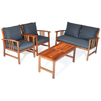 Gymax 4 pc Wooden Patio Furniture Set Table & Sectional Sofa Garden