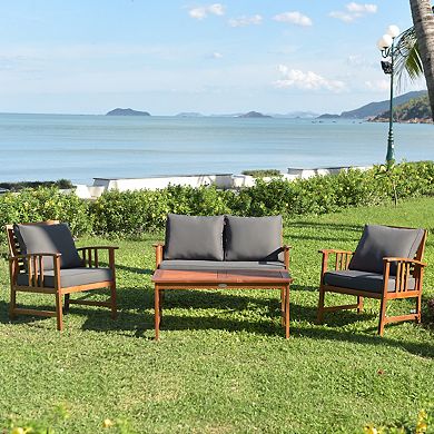 Gymax 4pcs Wooden Patio Furniture Set Table & Sectional Sofa Garden