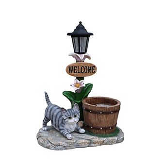 Lying Cat Solar Planter Statue with LED Light - 2-in-1 Relaxed Garden Decor for Lawn, Patio & Yard