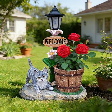 Lying Cat Solar Planter Statue with LED Light - 2-in-1 Relaxed Garden Decor for Lawn, Patio & Yard