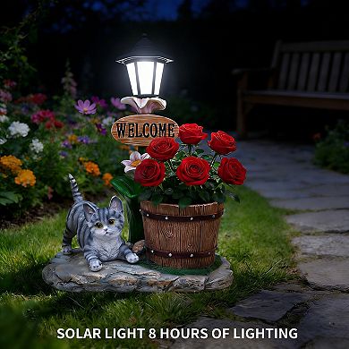 Lying Cat Solar Planter Statue with LED Light - 2-in-1 Relaxed Garden Decor for Lawn, Patio & Yard