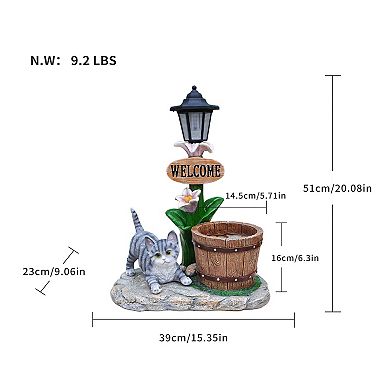 Lying Cat Solar Planter Statue with LED Light - 2-in-1 Relaxed Garden Decor for Lawn, Patio & Yard