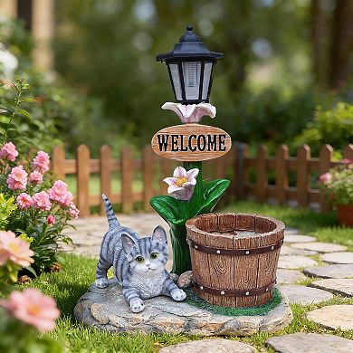 Lying Cat Solar Planter Statue with LED Light - 2-in-1 Relaxed Garden Decor for Lawn, Patio & Yard