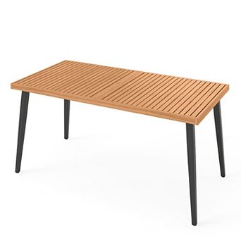 Gymax 63'' Outdoor Indoor Dining Table w/Acacia Wood Slatted Tabletop Umbrella Hole