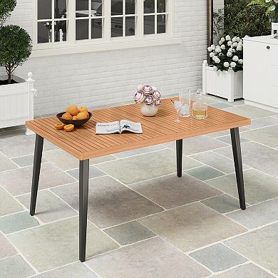 Gymax 63'' Outdoor Indoor Dining Table w/Acacia Wood Slatted Tabletop Umbrella Hole