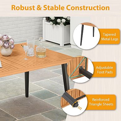 Gymax 63'' Outdoor Indoor Dining Table w/Acacia Wood Slatted Tabletop Umbrella Hole