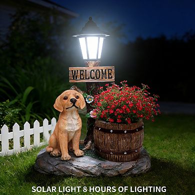 Labrador Dog Solar Planter Statue - Garden Decor with LED Light, for Outdoor Yard Patio