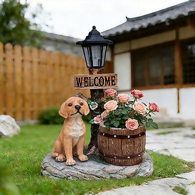 Labrador Dog Solar Planter Statue - Garden Decor with LED Light, for Outdoor Yard Patio