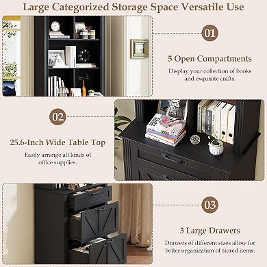 70 Tall Bookshelf, 3-Tier Floor Standing Bookcase with Drawers, Rustic Black Farmhouse Book Shelf
