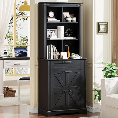 70 Tall Bookshelf, 3-Tier Floor Standing Bookcase with Drawers, Rustic Black Farmhouse Book Shelf
