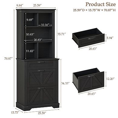 70 Tall Bookshelf, 3-Tier Floor Standing Bookcase with Drawers, Rustic Black Farmhouse Book Shelf