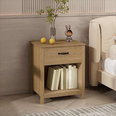 KWPZQEB Farmhouse Nightstand with Drawer and Open Shelf, Bedside Table with Storage for Bedroom