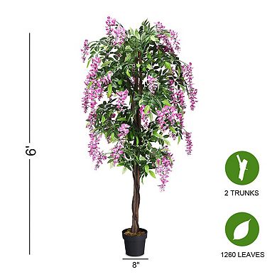 Gymax Artificial Wistera Silk Tree Pink Flower 6 Feet Home Holiday Decor