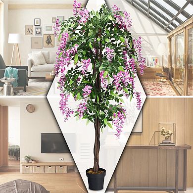 Gymax Artificial Wistera Silk Tree Pink Flower 6 Feet Home Holiday Decor